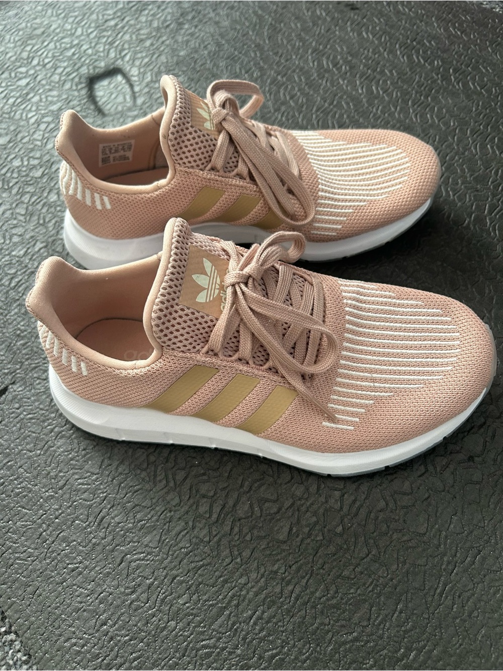 adidas Women’s Blush Pink Knit Sneakers with Gold Stripes